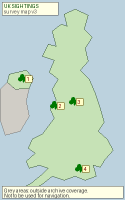 Crude survey map of the United Kingdom with four numbered sighting markers